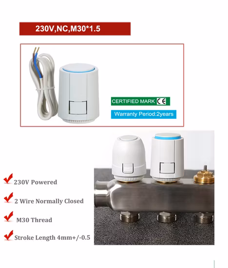 Vanne de chauffage au sol Nc AC 230V, collecteur à actionneur thermique électrique pour Thermostat de chauffage au sol M30X1.5